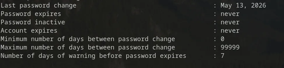 Output of chage -l showing a user's password expiration policy