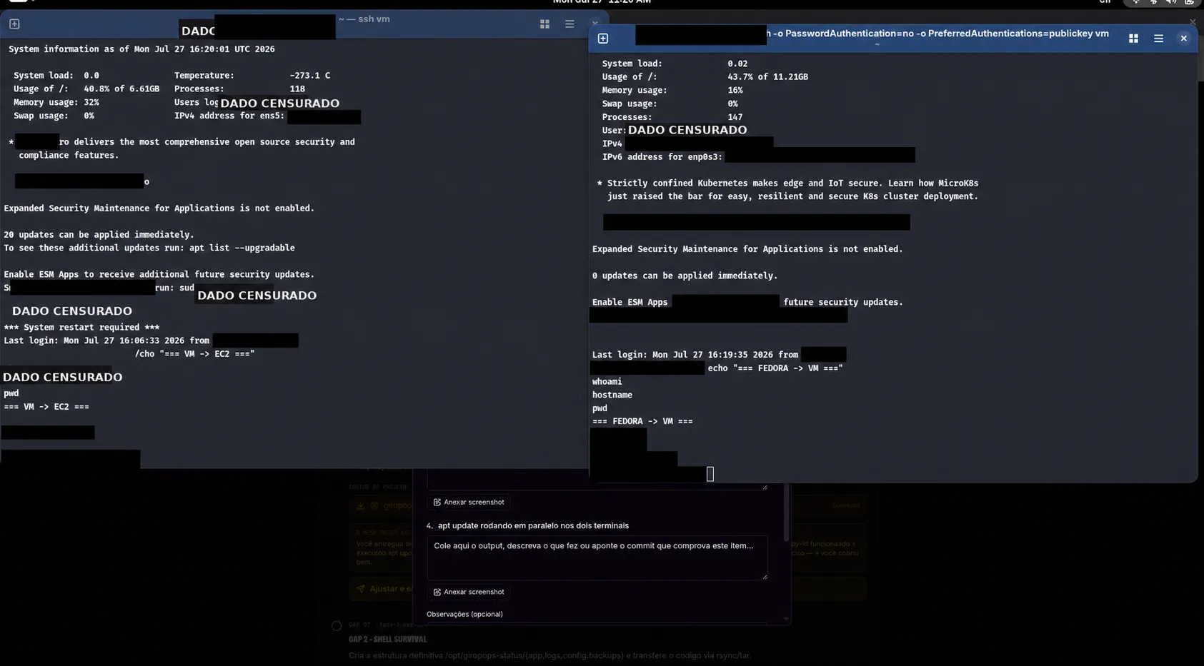 Local VM and EC2 accessed via SSH, with sensitive information redacted