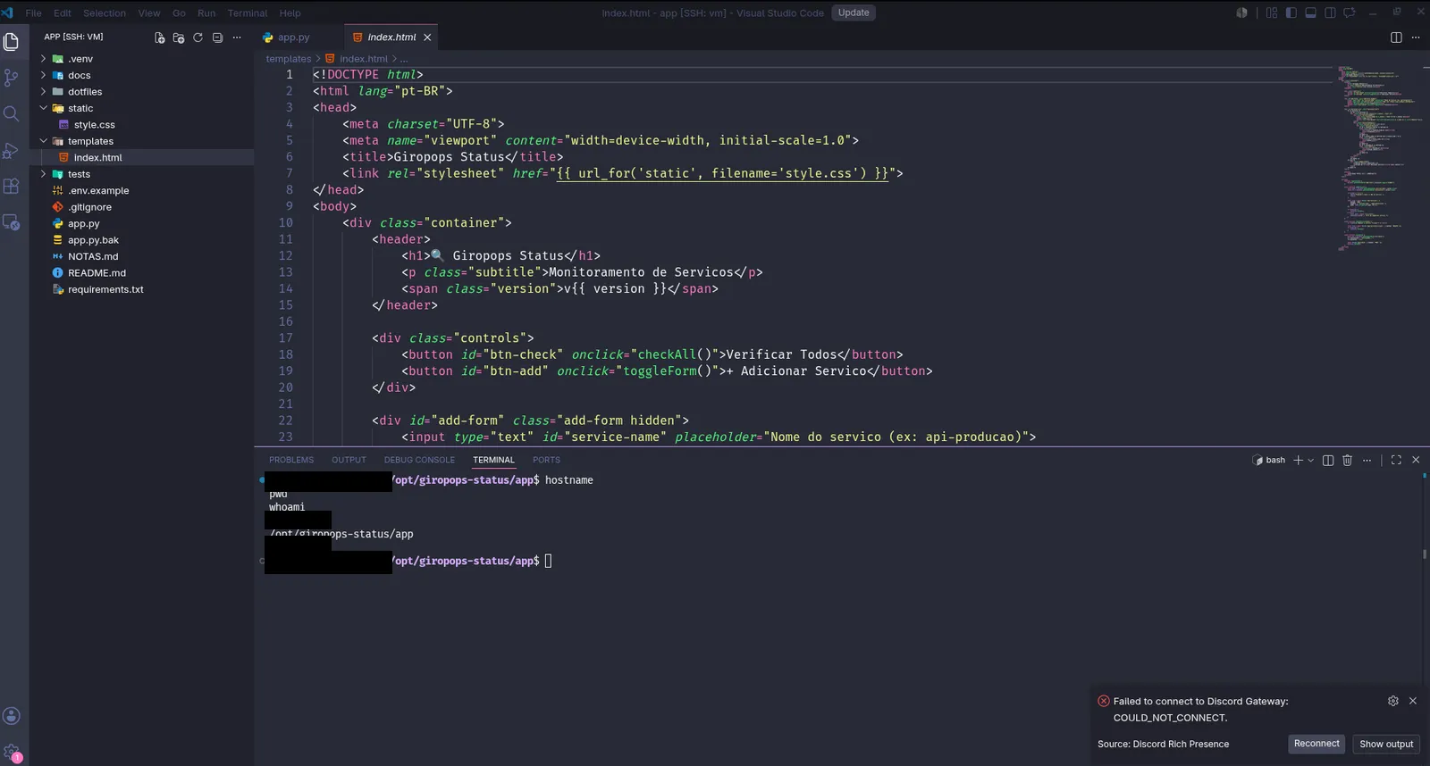 index.html file opened directly on the VM via VS Code Remote SSH