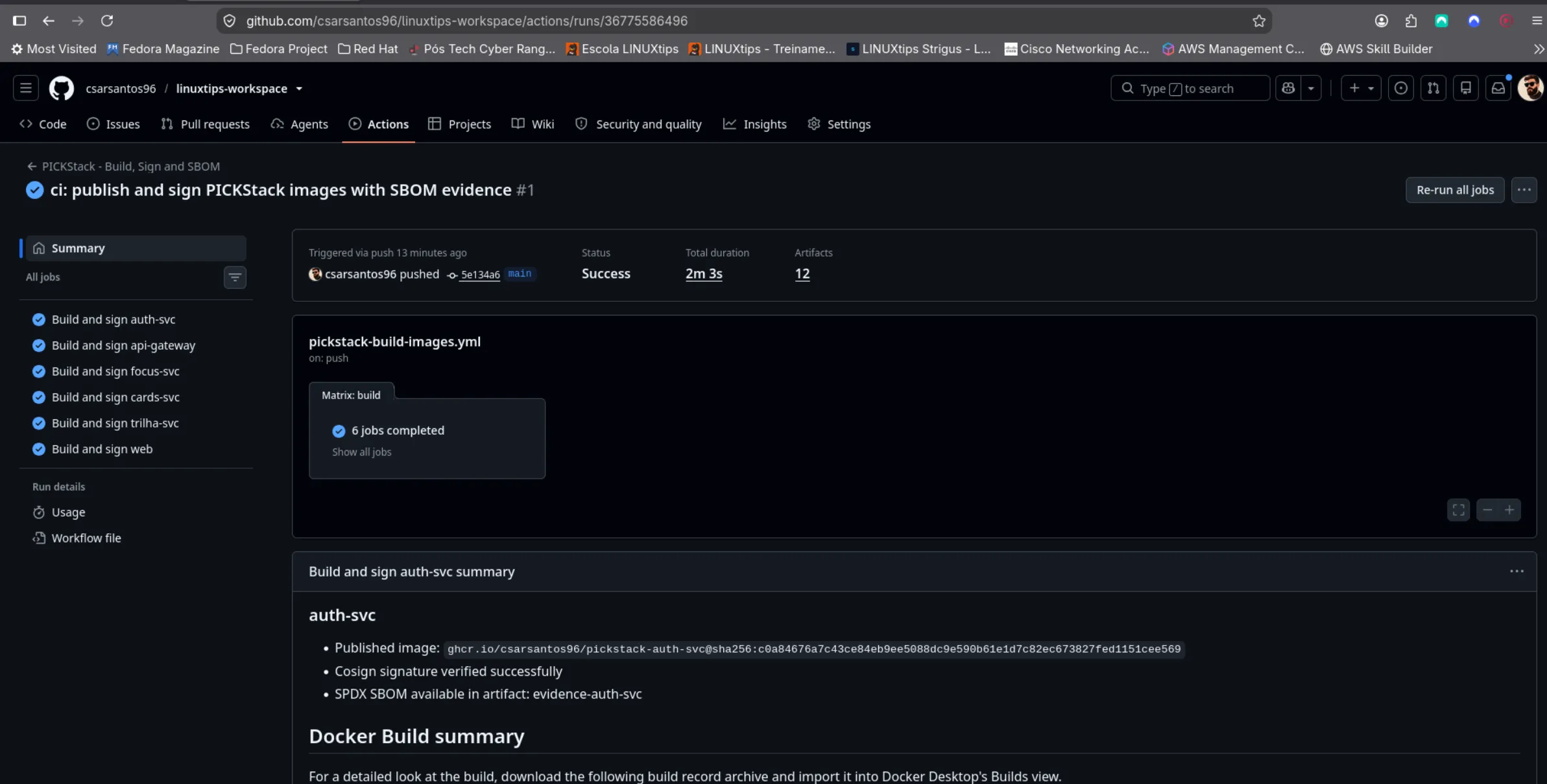 GitHub Actions summary with Success status, six jobs completed, duration of 2 minutes and 3 seconds, and 12 artifacts