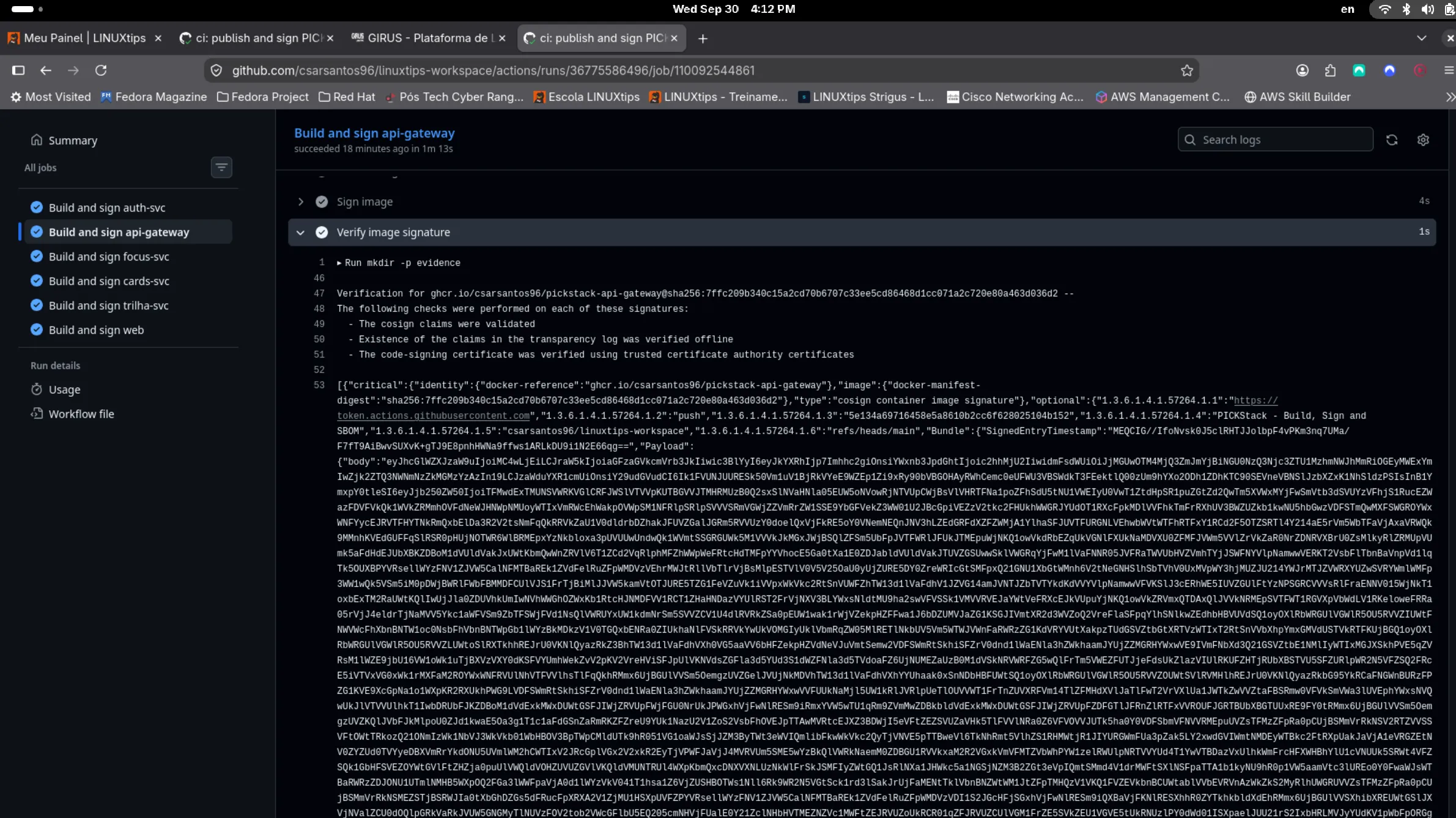 api-gateway Verify image signature step completed, with claim validation, transparency log, and certificate